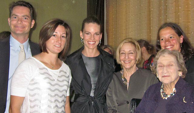 Group of people smiling: Ty Alper, Jen Moreno, Hilary Swank, Elisabeth Semel, Rita Semel, and Kate Weisburd
